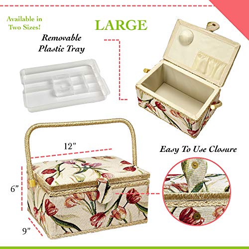 Sewing Basket with Tulip Floral Print Design- Sewing Kit Storage Box with Removable Tray, Built-In Pin Cushion and Interior Pocket - Large - 12" x 9" x 6" - by Adolfo Design - color: Tulip, size: Large - 12" x 9" x 6"