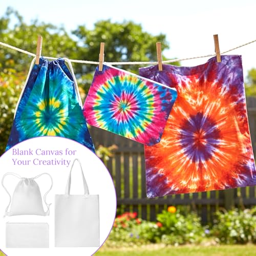 12 Pack White Cotton Bags for Tie Dye, 3-Style DIY Craft Kit with Drawstring Backpacks, Tote & Makeup Pouches