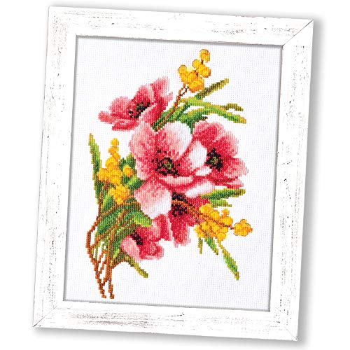 Povitrulya Flower Embroidery Kit 'Bouquet with Mimosa' - DIY Cross Stitch Set for Engagement, Graduation, Mother's Day Gift - color: Bouquet with Mimosa