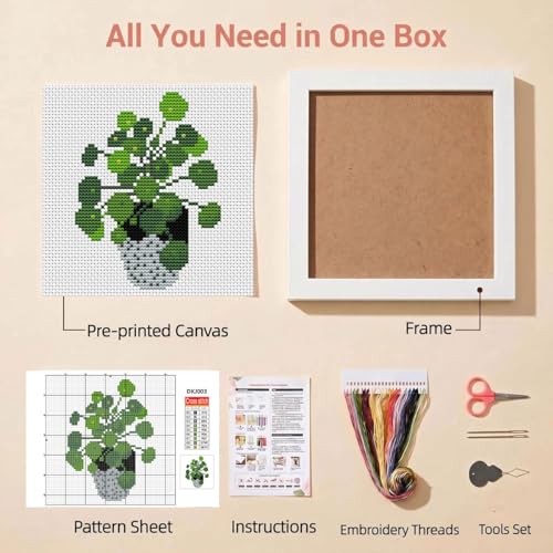 Potted Plant Stamped Cross Stitch Kits for Beginners Adults with Framed - color: DKJ003