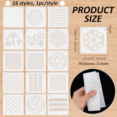 BENECREAT 16Pcs Mixed Styles Plastic Sashiko Stencil, 5x5inch Dots & Lines, Grid, Hexagons, Plants Embroidery Tool Drawing Line Template for Hand Quilting and Embroidery, 0.3mm Thick - style: Hexagons Patterns