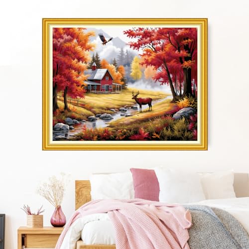 Funxvoot Stamped Cross Stitch Kits Beginners Full Range of Embroidery Kits for Adults 11CT Embroidery Patterns Needlepoint Kits Printed Cross Stitch Kits-Deep Autumn Scenery 16x20 inch - color: Craftsstyle13