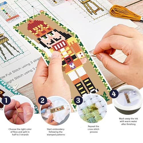 FREEBLOSS 6Pcs Christmas Cross Stitch Bookmark Kit for Adult Beginners Nutcracker Pattern Stamped Embroidery Bookmark Kit with Instructions DIY Bookmarks Kits for Christmas 8"x2.4" - style: Walnut