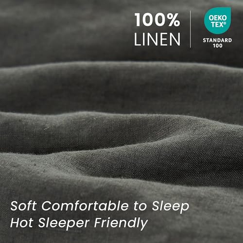 Simple&Opulence 100% French Linen Pillowcases with Embroidery – Pack of 2, Washed Solid Color Natural Flax, Soft & Breathable - Dark Grey, 20'' x 36'' - color: Dark Grey, size: King