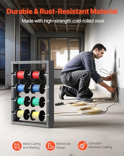 VEVOR Wire Spool Rack, 4 Adjustable Rods, Cold-Rolled Steel Wire Spool Holder Wall Mounted for Multi-Spools, Wiring Storage, 150 lbs Capacity Cable Dispenser, for Electrical Industrial Retail Use - style: Wire Spool Rack