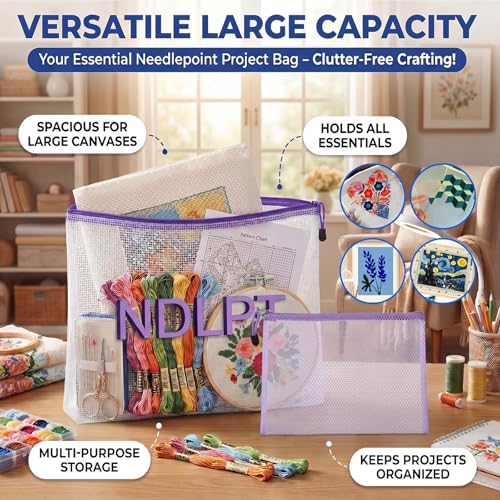 Sabary 2 Pcs Needlepoint Project Bag Clear Mesh Zipper Organizer, Purple - color: clear, purple