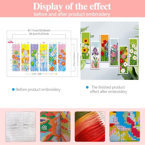 Zhenqing Floral Stamped Cross Stitch Bookmark Kit, 6 Garden Flower Designs on 11CT Fabric for Beginners, Book Lover Gift - color: 6 Garden Flower Bookmark