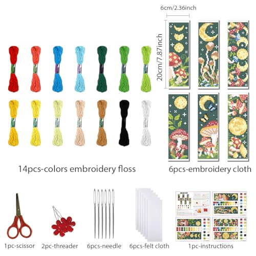 FREEBLOSS 6 Set Cross Stitch Bookmark Kit Stamped Cross Stitch Kit Mushroom Bush Embroidery Set with Instruction for Adults 8''*2.4'' - style: Mashroon Moon