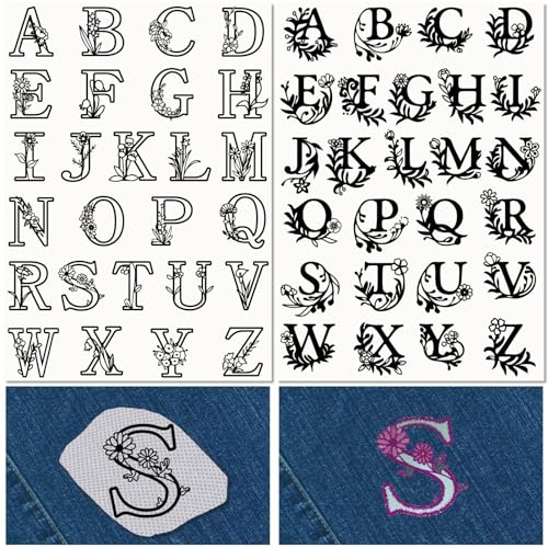 CRASPIRE 2 Sheets A-Z Letters Water Soluble Embroidery Stabilizers Alphabet 52Pcs Patterns Hand Sewing Stick and Stitch A4 Transfers Fabric Wash Away Pre-Printed Self Adhesive for Cloth Sewing Lovers - style: 2 Sheets A-Z Letters-029