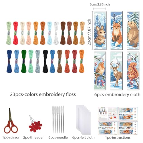 FREEBLOSS 6 Set 11CT Cross Stitch Bookmark Kits 8"x2.4" Winter Animals - style: Winter Animals