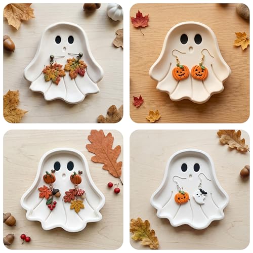 Large Autumn Halloween Clay Cutters for Polymer Clay – Pumpkin Ghost & Maple Leaf Trinket Dish Clay Cutter Set with Embossed Details | Autumn Magic - color: AUTUMN MAGIC