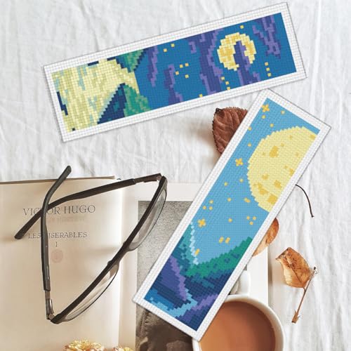 BEUNITONE 6 Pcs Cross Stitch Bookmark Kits for Adult Beginners Starry Sky Pattern DIY Stamped Embroidery Bookmark Kit with Instructions Cross Stitch Kits for Book Lovers Reader Writers Gift 2.4"x8" - style: Starlit Sky