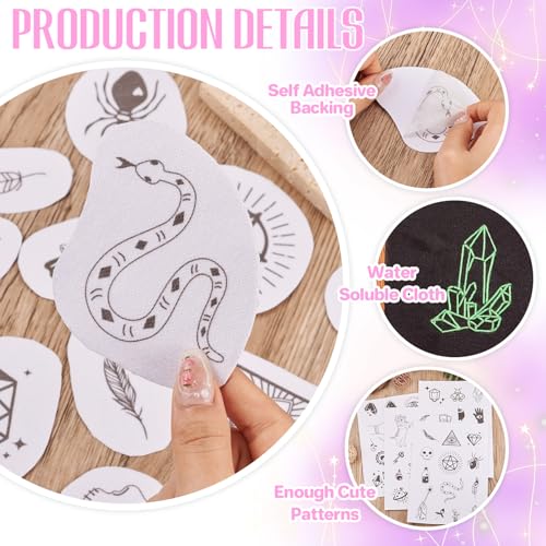 Magibeads 52 Patterns Witchy Water-Soluble Embroidery Moon Spider Cow Dreamcatcher Stick and Stitch Embroidery Paper Starter Kit for Hand Sewing Beginners Adult - color: Withcy