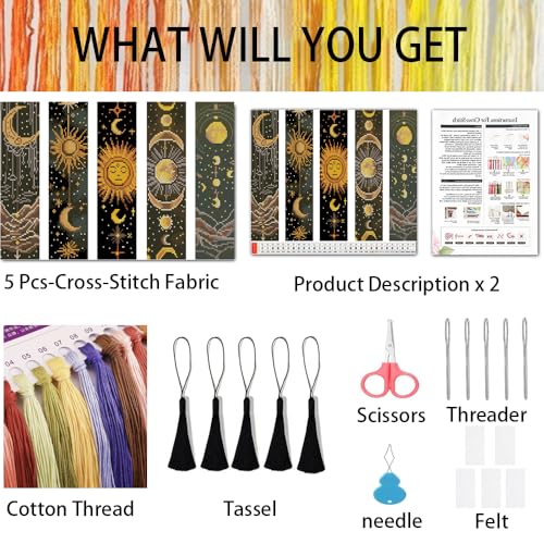 VIGEGU 5 Pack Sun Moon Stars Cross Stitch Bookmark Kits for Adult Beginners - color: Sun Moon Cross Stitch Bookmark