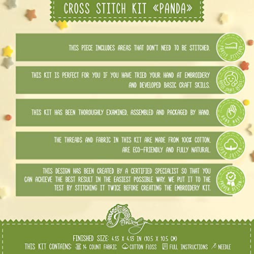 Povitrulya Counted Cross Stitch Kit with Pattern 'Panda' - Easy DIY Set for Hand Embroydery with Paper Pattern, 14 Count Blank Aida Canvas and Pre-Sorted Floss