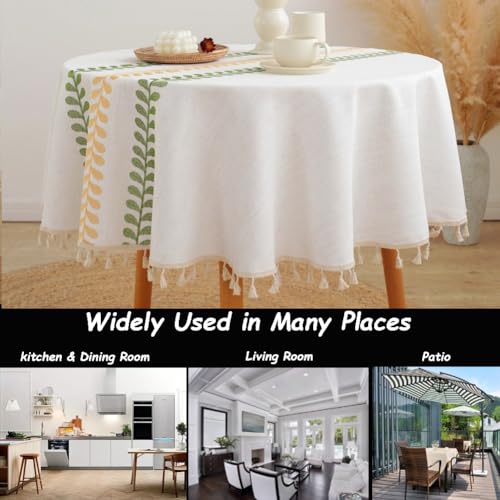 AMZALI Round Tablecloth Embroidery Leaf Pattern Wrinkle Free Heavy Weight Cotton Linen Farmhouse Tablecloth Decorative Fabric Tassel Table Cover for Outdoor and Indoor Use - color: Color Leaf, size: 60" (Round)