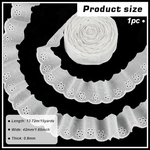 FINGERINSPIRE 15 Yards Cotton Lace Trim 1-5/8" Ivory White Eyelet Ribbon Floral Embroidery Ruffle With Wavy Edge for Sewing Dresses Bags Pets Clothes - color: WhiteSmoke