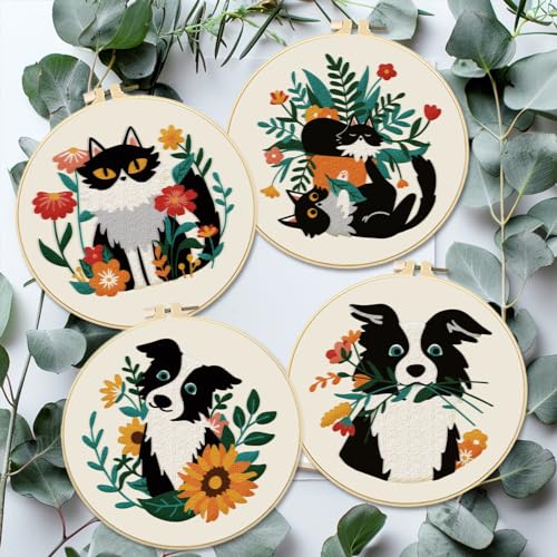 BEUNITONE 4 Set Cat and Dog Embroidery Kit for Beginenrs Hand Sewing Embroidery Kits with Cat and Dog Pattern Needlepoint Kit with Colourful Threads Needles Instructions - style: Cat Dog