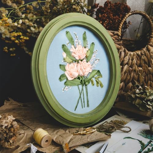 FONNUY Ribbon Embroidery 3D Flowers Pattern Design Kit Embroidery DIY Handwork Set Oval Home Decoration (Champagne Rose) - style: Champagne Rose