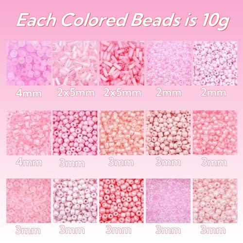 15 Color Glass Seed Tube Bugle Beads Bracelet Jewelry Making Kit,Pink - color: pink