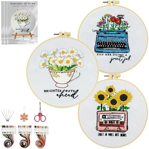 HKLIOPU Embroidery Kit for Adult,3-Pack Pre-Stamped Patterns,7.8-Inch Hoop,Threads & Needles,Step-by-Step Guide,DIY Needlework Craft Gift for Women