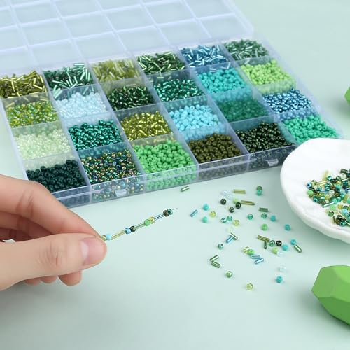 7500Pcs Green Glass Seed & Tube Bugle Beads Kit for Embroidery and Craft - color: D-Green