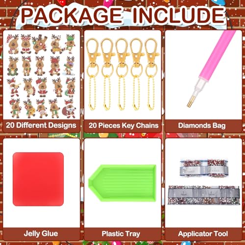 Tondiamo 20 Pcs Christmas Diamond Painting Keychain Kits 5D DIY Diamond Art Pendants Double Sided Hanging Key Chains for Christmas Party Decoration DIY(Deer Style) - style: Deer Style