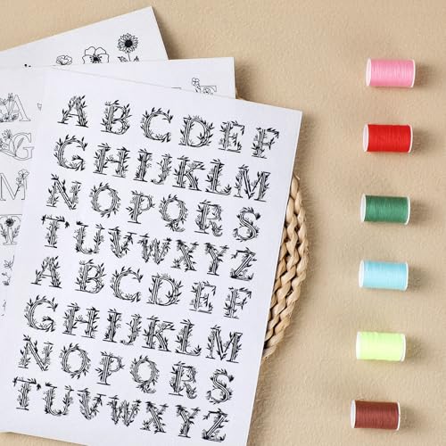 Flower Water Soluble Embroidery Patterns, 3 Sheets 140 Pcs Stick and Stitch Embroidery Papers Wash Away, Pre-Printed Floral Alphabet Pattern Transfers, DIY Gift for Hand Sewing Lover Beginners - size: Alphabet Floral
