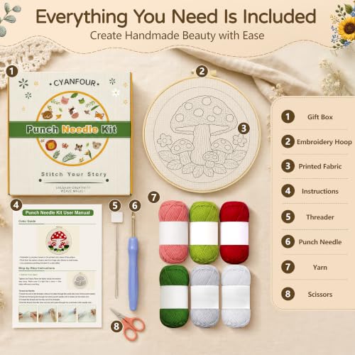 CYANFOUR Punch Needle Kit for Beginners, Mushroom Punch Needle Kits Adults, Craft Kits for Adults with 2 Pre-Printed Fabrics, Embroidery Hoop, Threads, DIY Gift and Home Decor 20 * 20cm - color: Mushroom