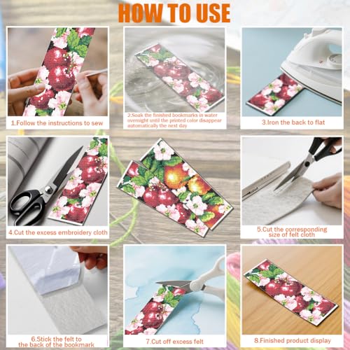 FREEBLOSS 6 Set Cross Stitch Bookmarks Kit Fruit&Flowers Stamped Cross Stitch Kit DIY Embroidery Bookmark Set with Instruction for Adults Beginners Gift for Reading Enthusiasts 8 * 2.4inch 11CT