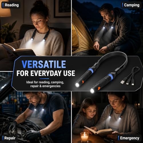 Rechargeable LED Neck Light, 2-in-1 Hands-Free Work Light with Detachable Magnetic Flashlights, 2 Light Modes, Flexible Neck Lamp for Car Repair, Mechanics, Grilling, Reading