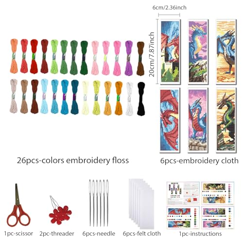 FREEBLOSS 6 Set Cross Stitch Bookmark Kit Stamped Cross Stitch Kit Western Dragon Embroidery Set with Instruction for Adults 8''x2.4'' - style: Dragon