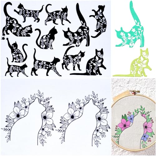 CRASPIRE 2 Sheets Black Cats Flowers Water Soluble Embroidery Patterns Stabilizers Hand Sewing Stick and Stitch A4 Transfers Fabric Wash Away Pre-Printed Self Adhesive for Beginner Cloth Sewing Lovers - style: Cat 2 Sheets