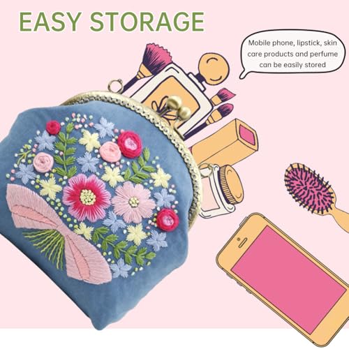 Flower Embroidery Kit Tote Bag, Embroidery Coin Purse Kits Handbag Hand Embroidery Kit for Adults Beginner with Embroidery Patterns, Embroidery Hoop,DIY Sewing Kit - color: cute floral