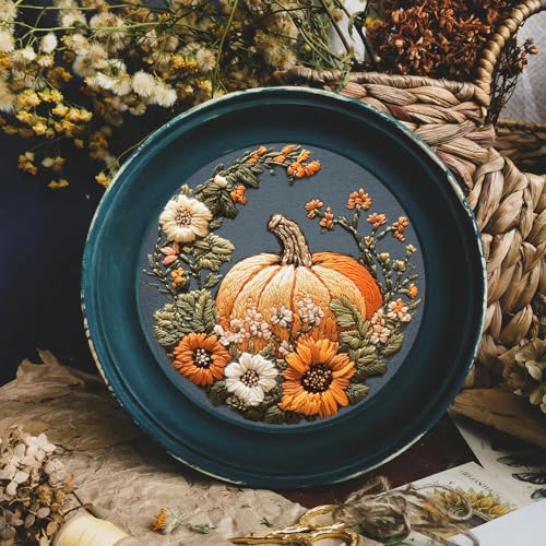 FONNUY Pumpkin Embroidery Kit for Beginners, Pre-Stamped Pattern Kits for Adults with Hoop, Easy to Follow Color Thread Needlework, 8'' Hoop (Yellow) - color: Yellow