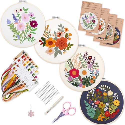 Bonroy 4 Sets Embroidery Kit for Beginners with Instructions,Cross Stitch Kits for Adults with Pattern,Needlepoint Kits for Adult Include Embroidery Cloth Hoops Needles Threads - color: flowers7