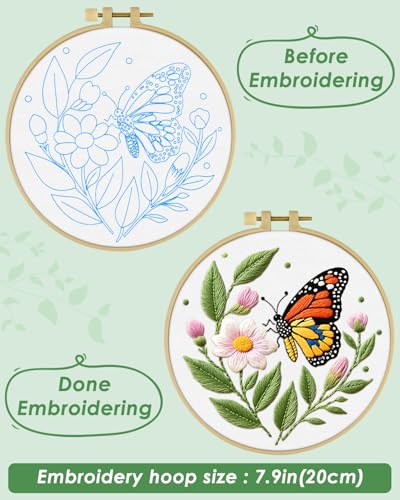 ERKOON Embroidery Kit for Beginners Adult, Flower Cross Stitch Set Include Embroidery Cloth Hoops Threads for Craft Lover Hand Stitch with Embroidery Skill Techniques (Butterfly) - color: Butterfly
