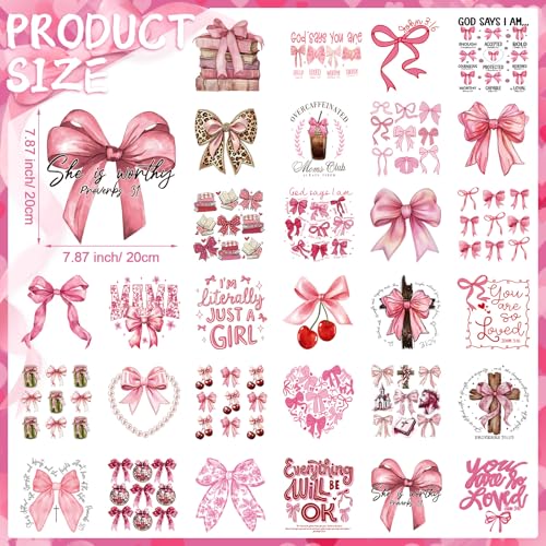 Yuntau 30 Pcs Coquette Bow Iron on Transfers Patches, Pink DTF Vinyl Decal - style: Coquette Bow