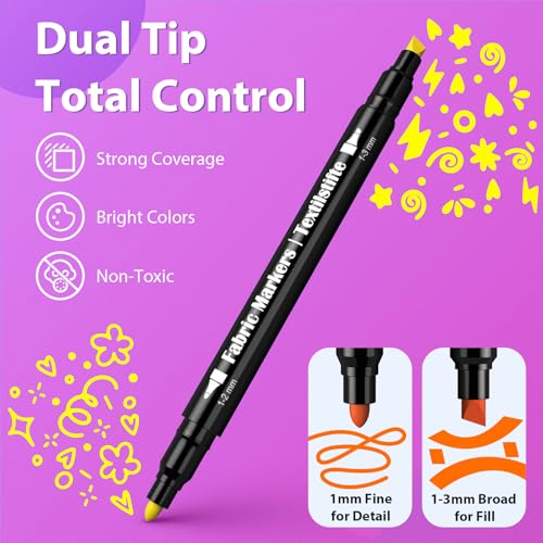 KERIFI Dual Tip Fabric Markers Permanent for Clothes, 20 Colors Fabric Decorating Paint Pens for Kids, T-Shirt Shoe Markers for Sneakers Clothing Canvas Textile Bibs Coloring Book (Chisel & Fine Tip)