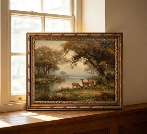 Gold Framed Vintage Forest Deer Canvas Wall Art Farmhouse Cottage Wild Animals Landscape Painting Picture Wall Decor Poster Prints Artwork for Bedroom Office Gallery Home Decoration - color: Wild animals, size: 16"L x 12"W