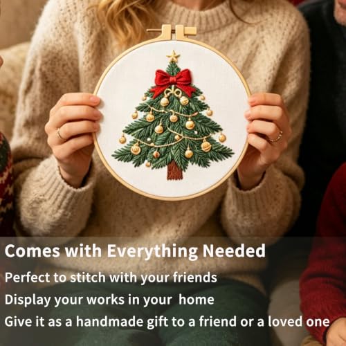 FONNUY Cute Christmas Embroidery Kit for Beginners, Festive Winter Pre-Printed Pattern & Supplies Set for Adults, DIY Handmade Needlepoint Kits Wall Art, 8'' Hoop (Tree) - color: Tree