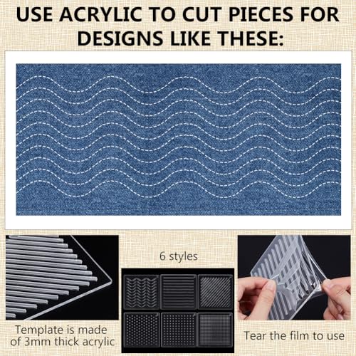 BENECREAT 6Pcs Acrylic Sashiko Stencil, Dots, Lines, Slashes Acrylic Embroidery Tool Drawing Line Template for Hand Quilting and Embroidery, 3mm Thick