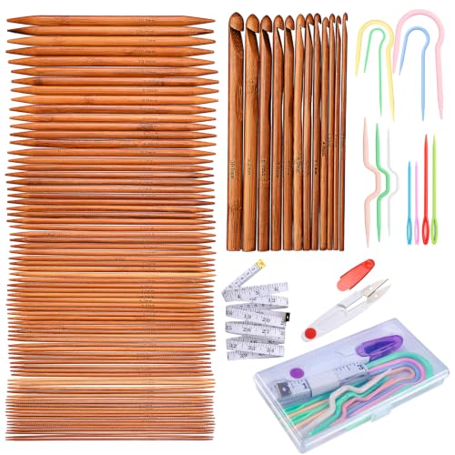Exquiss 75 PCS Knitting Needles Set, Bamboo Double Pointed Knitting Needles (8-Inch/20cm Length) 15 Sizes: 3mm-10mm, 12pcs Crochet Hooks Set (6.1'' Length), 12 Sizes: 2mm-10mm