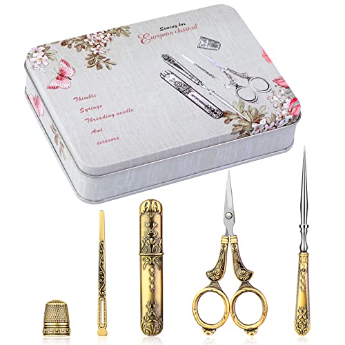 BUTUZE Embroidery Scissors Kit,European Antique Vintage Sewing Kit,Complete Vintage Sewing Tools with Embroidery Scissors,Original Case,Sewing Needle Case,Awl for Sewing,Craft,Needlework - color: Gold