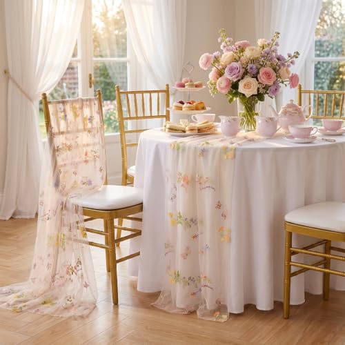 QueenDream Beige Apricot Floral Table Runner 10FT Spring with Embroidery Tulle Wildflower - color: Beige Apricot, size: 27"x120", 3 Pcs