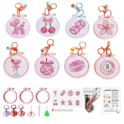 8 Pack Pink Stamped Cross Stitch Kits for Adults Beginners with Frame - color: pink