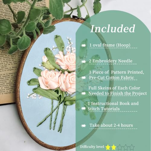FONNUY Ribbon Embroidery 3D Flowers Pattern Design Kit Embroidery DIY Handwork Set Oval Home Decoration (Champagne Rose) - style: Champagne Rose