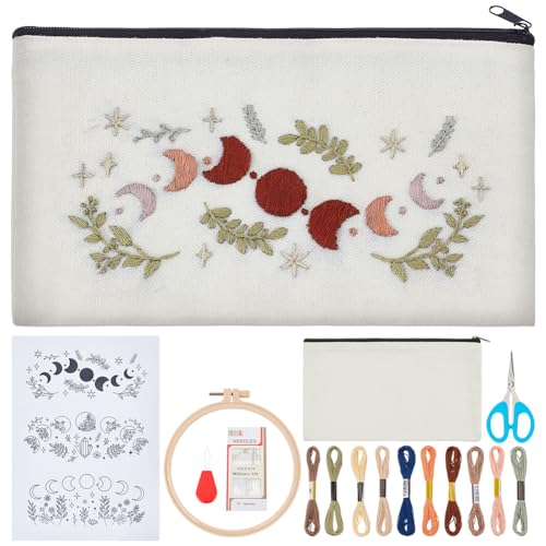 WEBEEDY 3 Sets DIY Embroidery Zipper Pouch Kit Include Moon Pattern,Embroidery Hoop,Color Threads and Tool for Beginners,Handmade Sewing Canvas Makeup Bag Cosmetic Bag for Adults