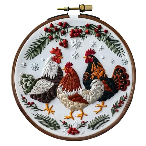 MGARDENMYI Christmas Embroidery Kit DIY Hand Embroidery Starter Cross Stitch Kits, Christmas Ornaments Embroidery with Stamped Pattern,Cotton,Threads,Needles,Instructions for Adults Beginners (Hen) - color: Hen