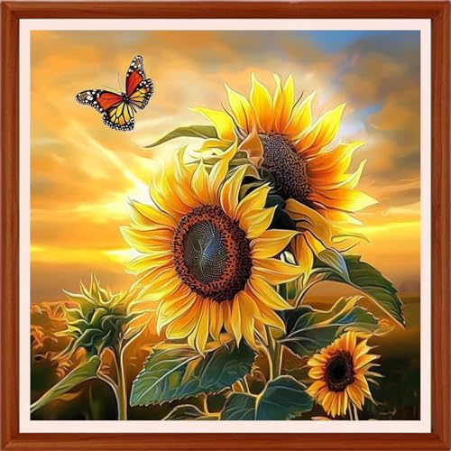 Redxing Counted Cross Stitch Kit for Beginners,Unprinted Needlepoint Kits for Beginners Cross Stitching Embroidery Kit 11CT Stitches kit-Sunflower Butterfly 18x18 inch - color: Setpattern10